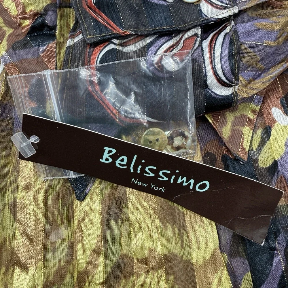 Belissimo New York XL Sheer Crinkle Blouse Metallic Abstract Print NWT‎ Top Boho